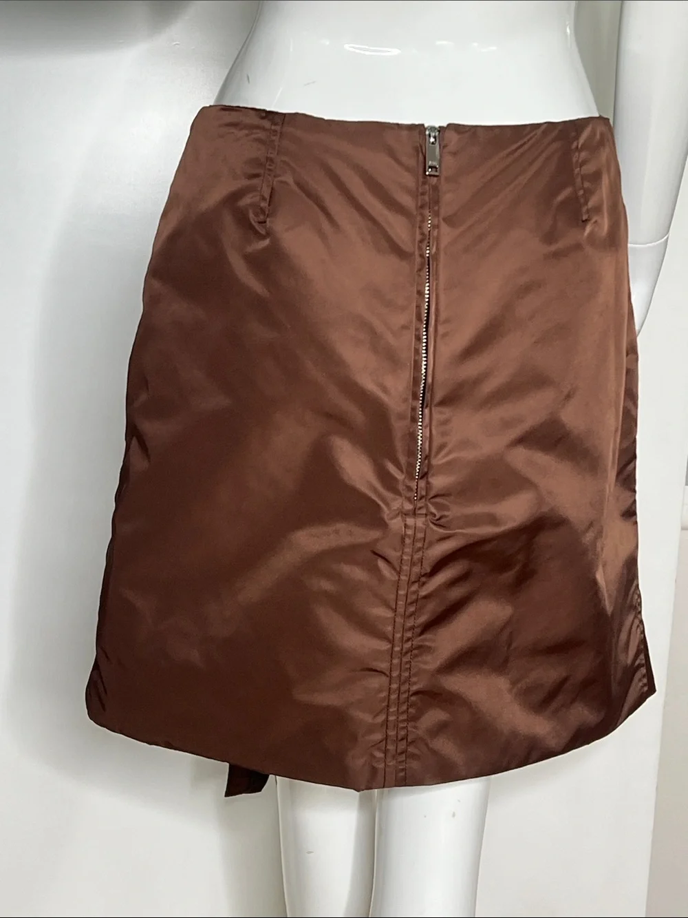 Ganni Sz 38 Brown Ruche Front Pull Lightly Structured Nylon Mini Skirt - New